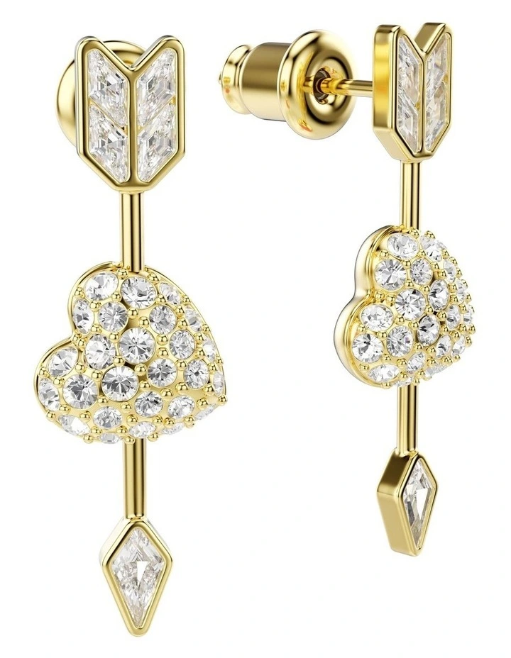 Mixed Cuts Heart With Arrow Gold-Tone Plated Idyllia Drop Earrings in White image 3