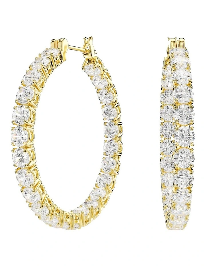 Round Cut Gold-Tone Plated Matrix Hoop Earrings in White image 1