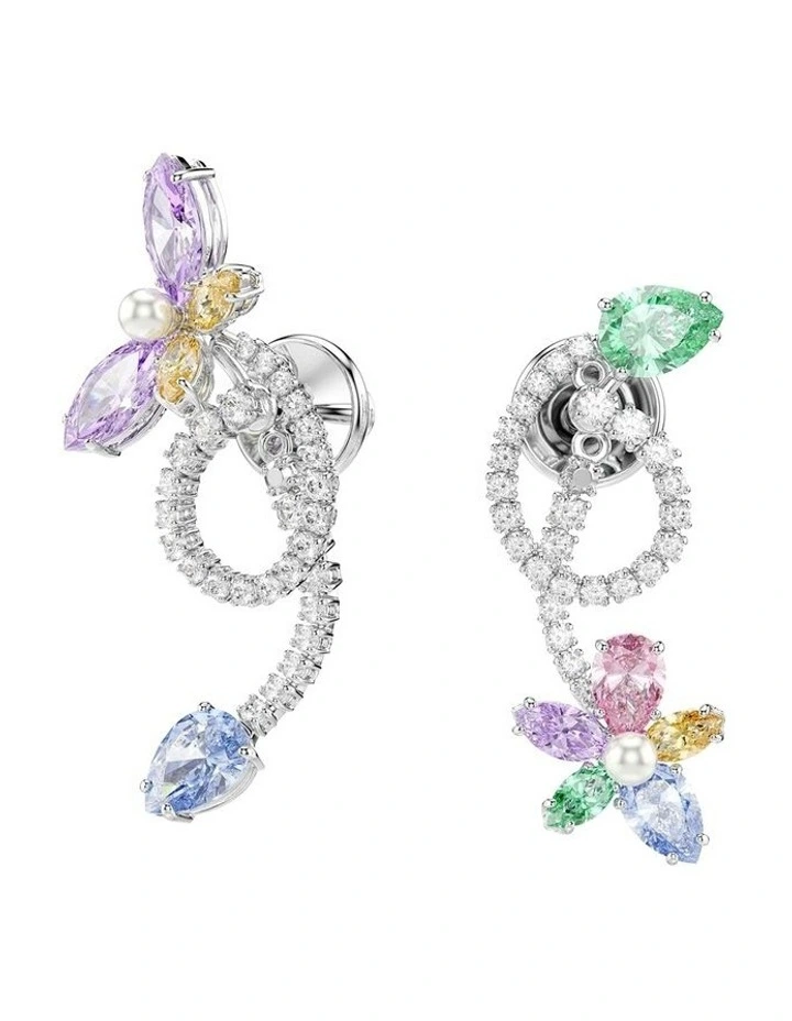 Mixed Cuts Dragonfly Flower Rhodium Plated Drop Earrings in Multi image 1