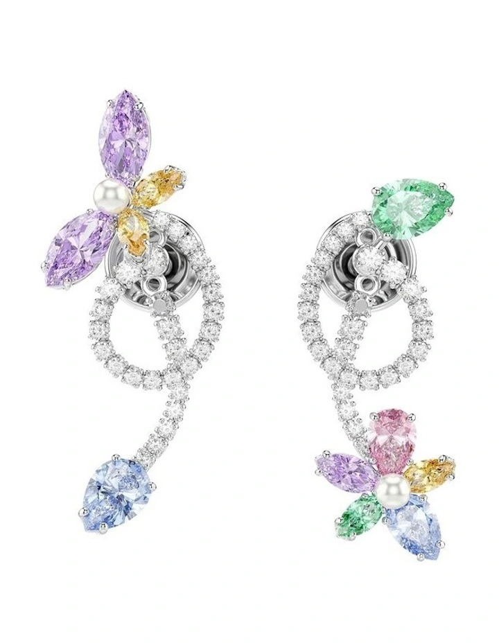 Mixed Cuts Dragonfly Flower Rhodium Plated Drop Earrings in Multi image 2