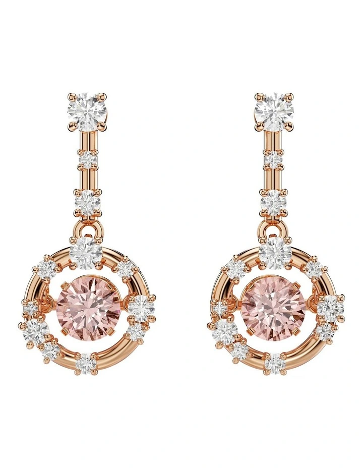 Round Cut Dancing Stone Rose Gold-Tone Plated Constella Drop Earrings in Pink image 1