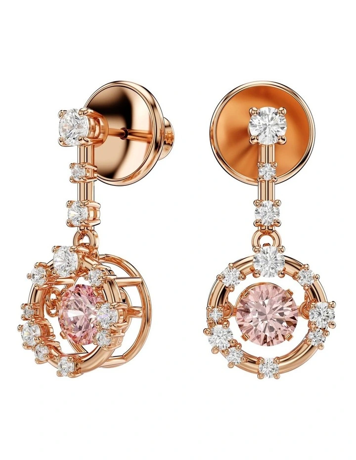 Round Cut Dancing Stone Rose Gold-Tone Plated Constella Drop Earrings in Pink image 2