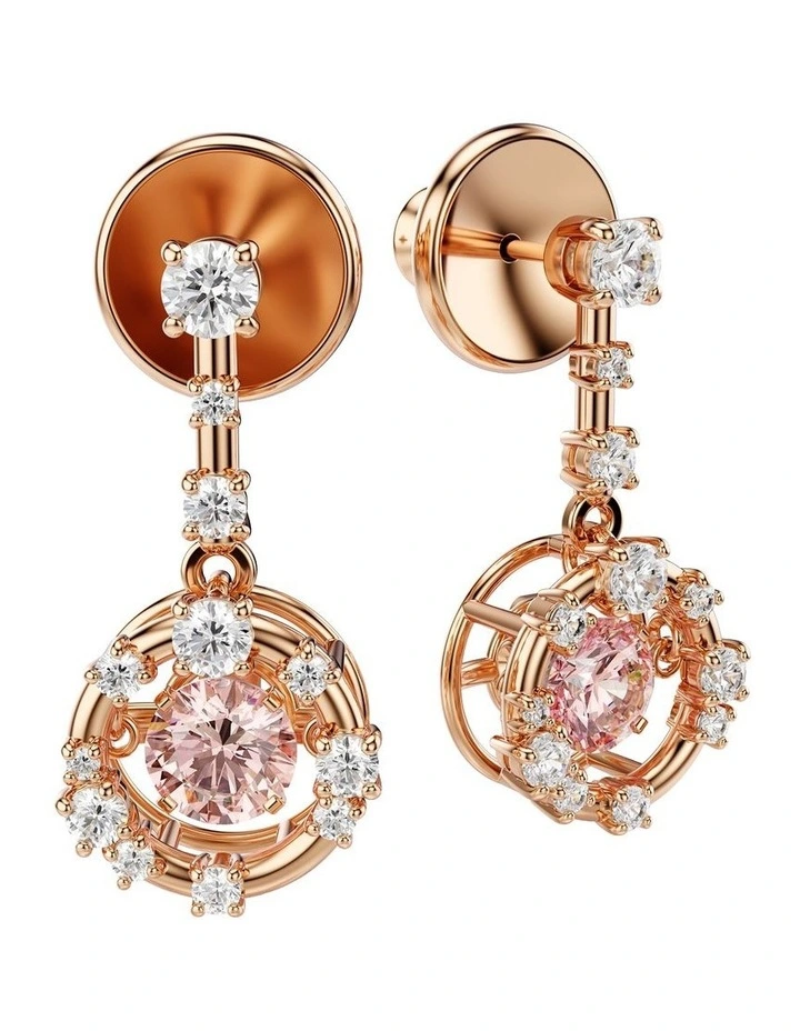 Round Cut Dancing Stone Rose Gold-Tone Plated Constella Drop Earrings in Pink image 3