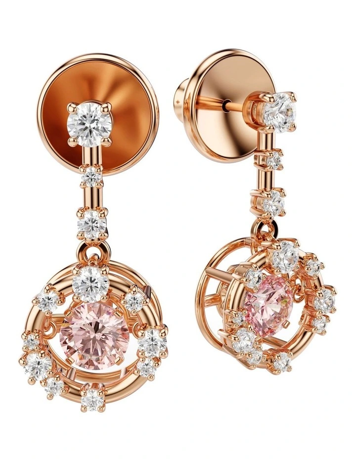 Round Cut Dancing Stone Rose Gold-Tone Plated Constella Drop Earrings in Pink image 3