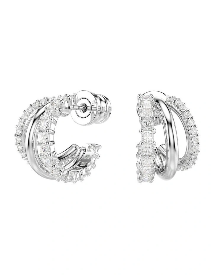 Round Cut Mini Rhodium Plated Hyperbola Hoop Earrings in White image 1