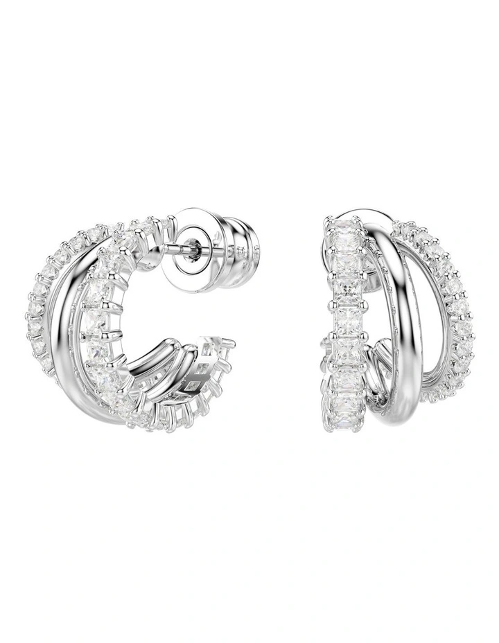 Round Cut Mini Rhodium Plated Hyperbola Hoop Earrings in White image 1