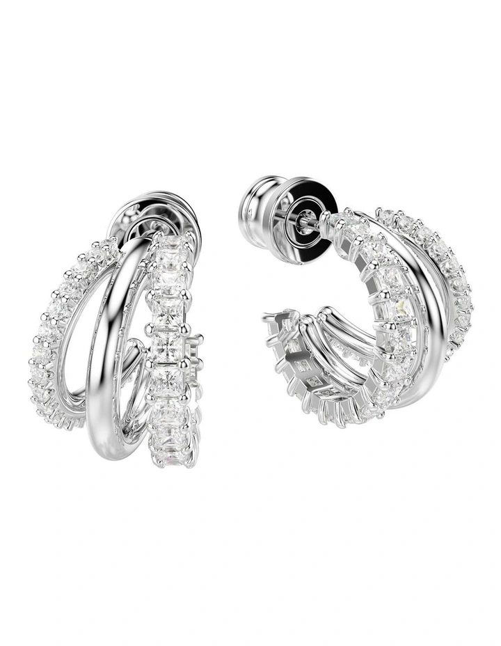 Round Cut Mini Rhodium Plated Hyperbola Hoop Earrings in White image 3