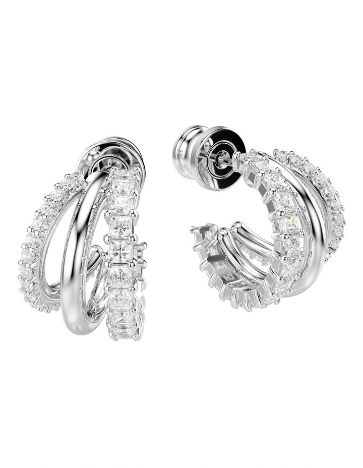 Round Cut Mini Rhodium Plated Hyperbola Hoop Earrings in White image 3