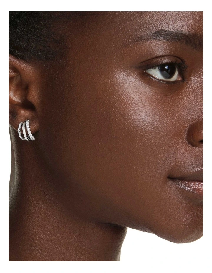 Round Cut Mini Rhodium Plated Hyperbola Hoop Earrings in White image 5