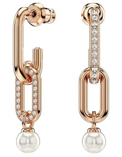 Constella drop earrings Crystal pearl Round cut 18K rose gold finish in White