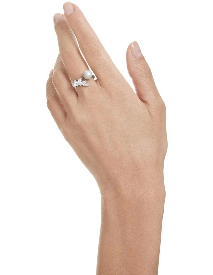 Mesmera open ring Crystal pearl Marquise cut Rhodium plated in White image 5