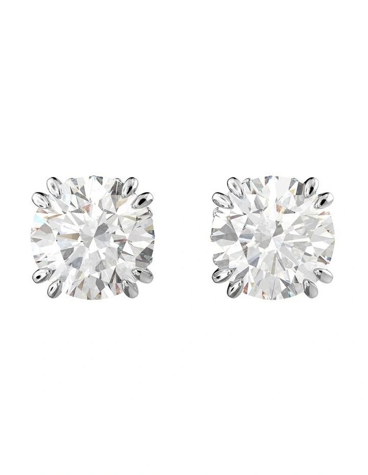 Stilla Round Cut Rhodium Plated Stud Earrings in White image 1