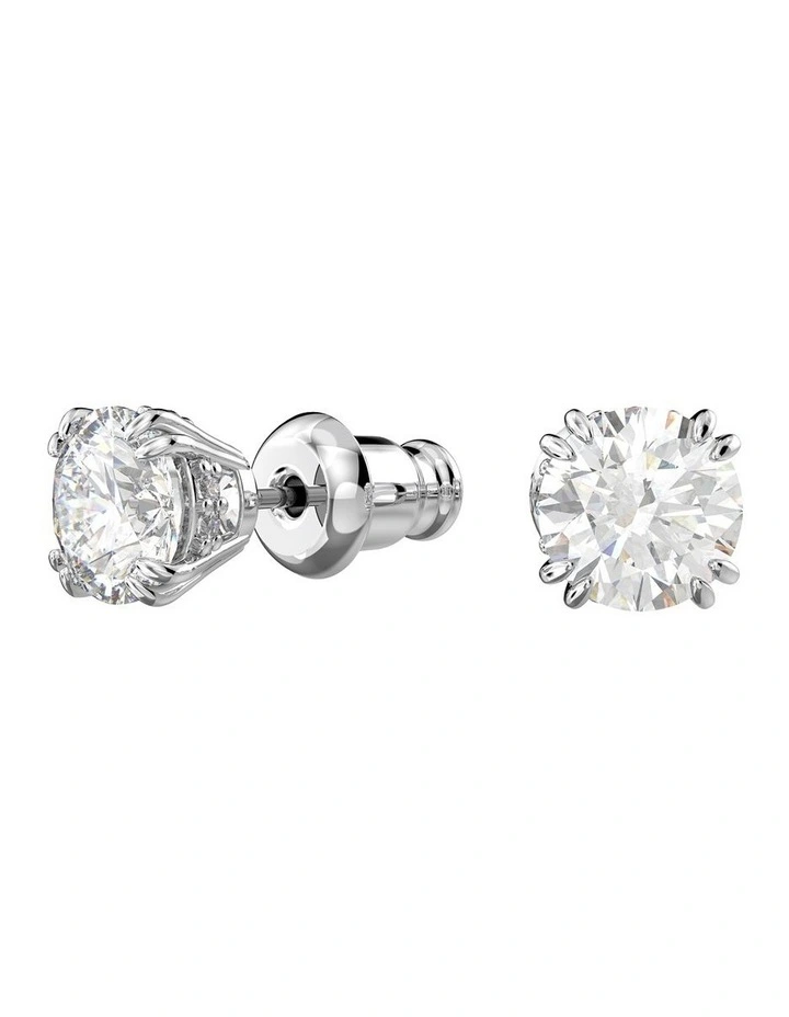 Stilla Round Cut Rhodium Plated Stud Earrings in White image 2