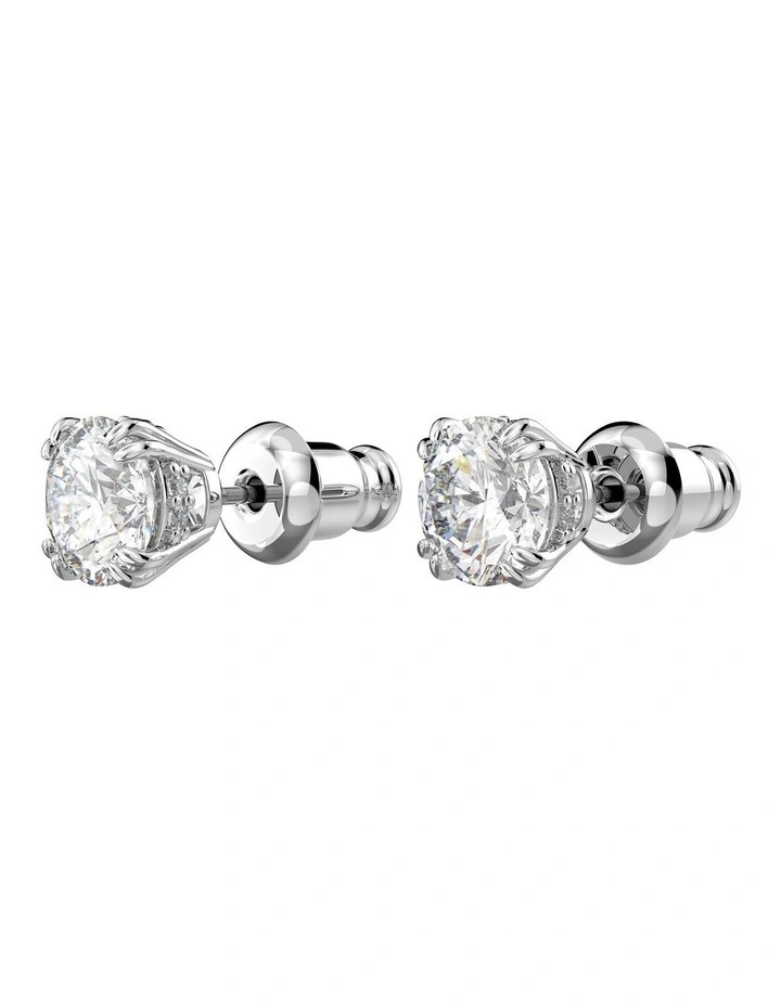 Stilla Round Cut Rhodium Plated Stud Earrings in White image 3