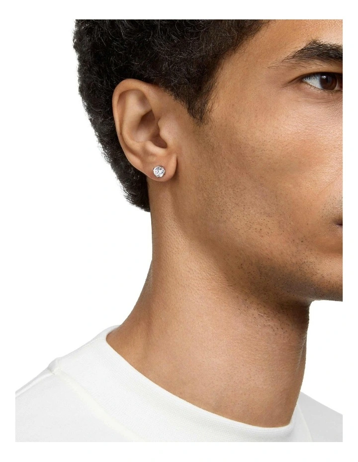 Stilla Round Cut Rhodium Plated Stud Earrings in White image 6