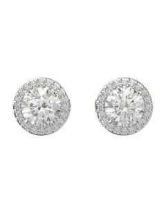 Una Stud Earrings Round Cut Pave Rhodium Plated in White