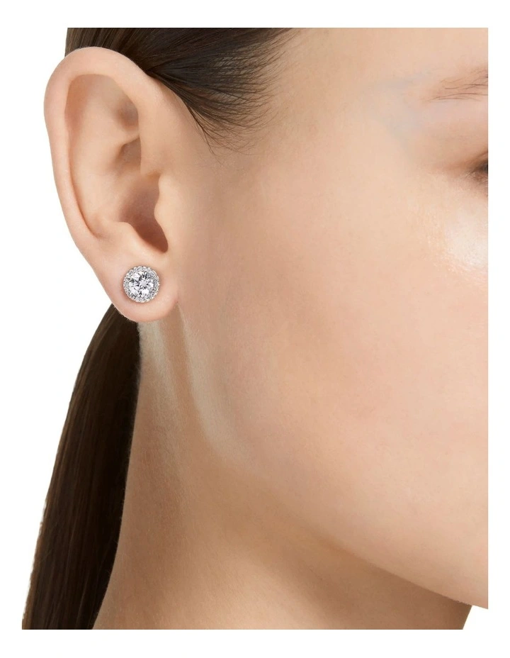 Una Round Cut Pave Rhodium Plated Stud Earrings in White image 5