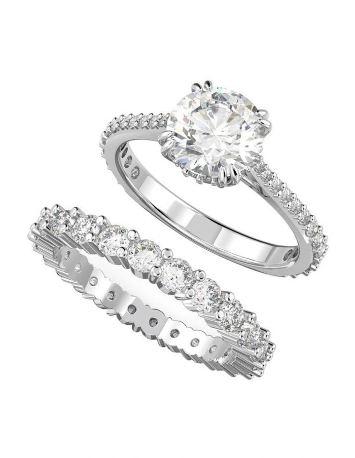 Stilla Ring Round Cut Rhodium Plated Set of 2 in White image 1