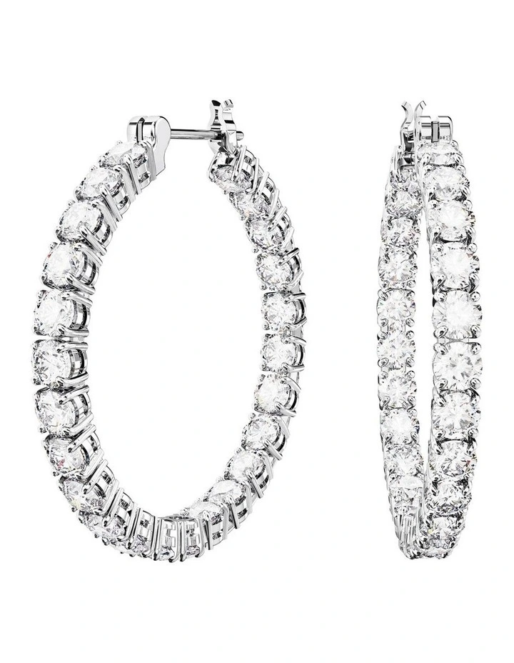 Matrix Round Cut Rhodium Plated Hoop Earrings in White image 1
