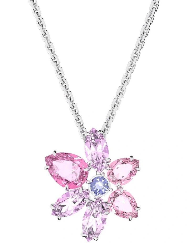 Gema Pendant Mixed Cuts Flower Rhodium Plated in Pink image 1
