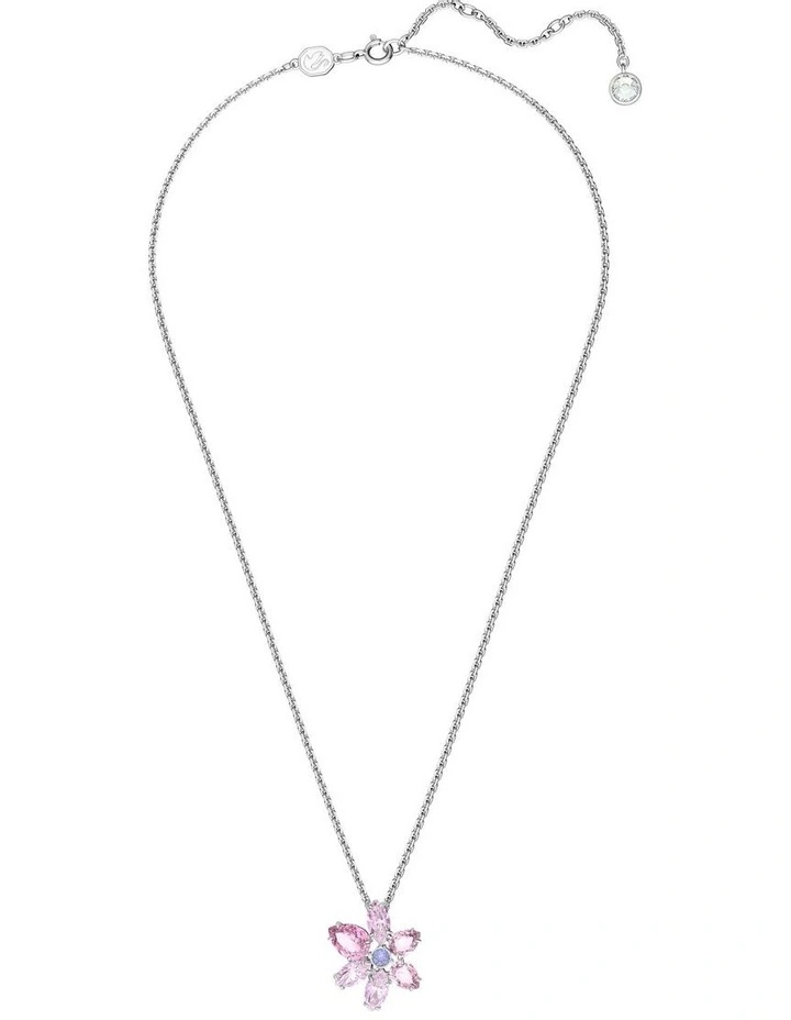 Gema Pendant Mixed Cuts Flower Rhodium Plated in Pink image 2