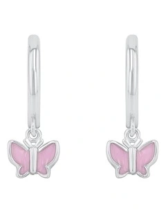 Butterfly Drop Hoop Earrings in Silver