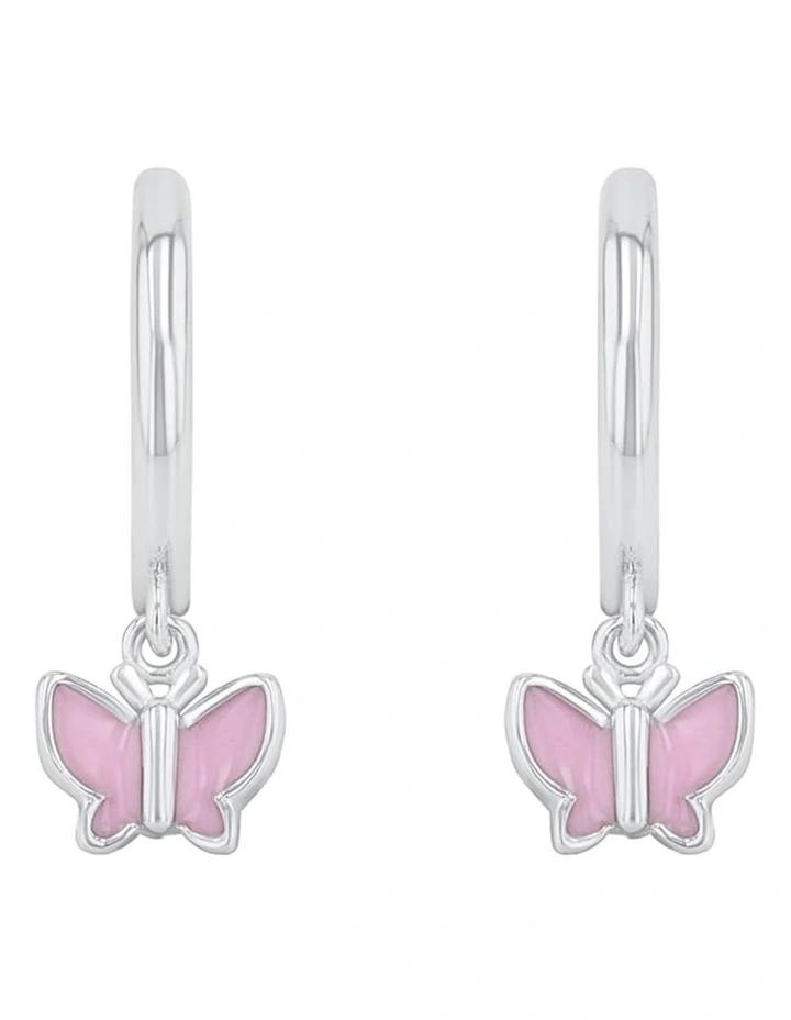 Butterfly Drop Hoop Earrings in Silver image 1