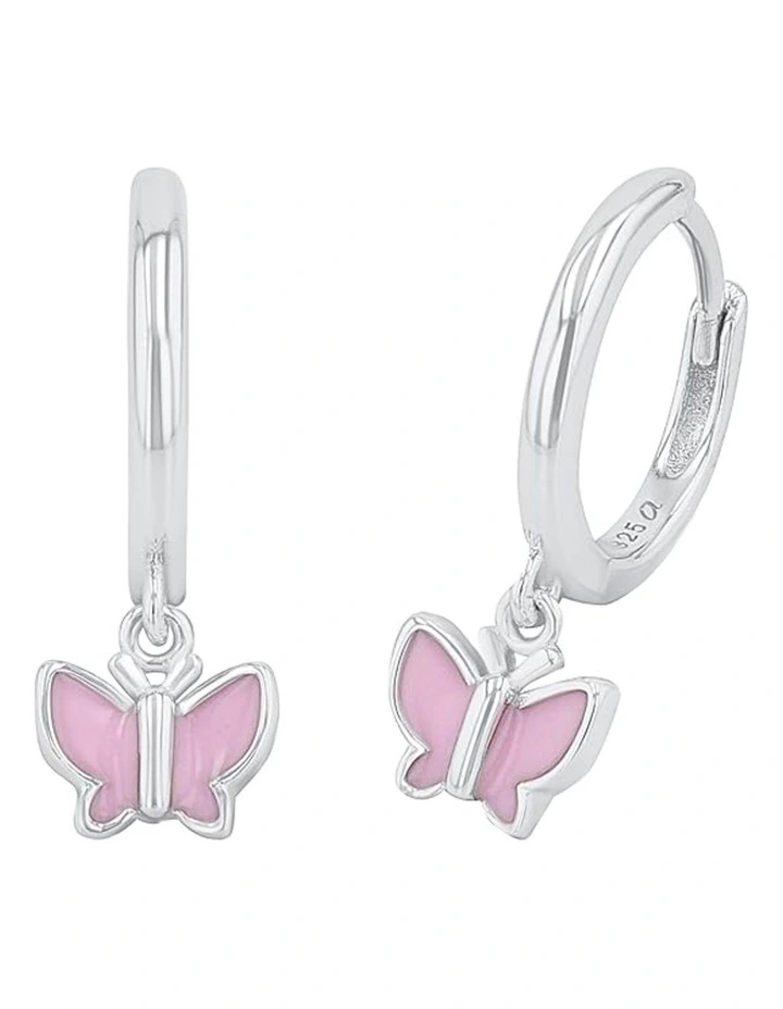 Butterfly Drop Hoop Earrings in Silver image 2