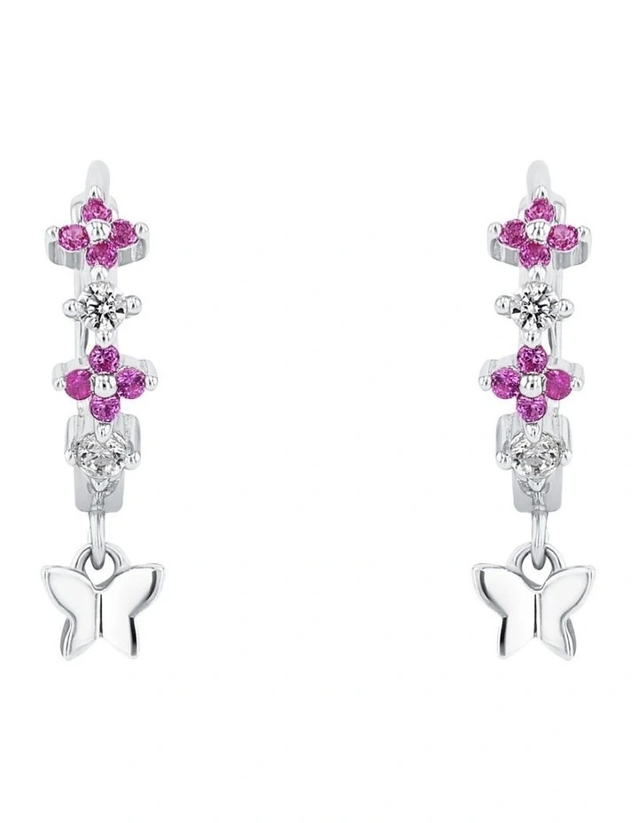 Pink Flower Hoop Earrings with Butterfly Drop in Silver925 image 1