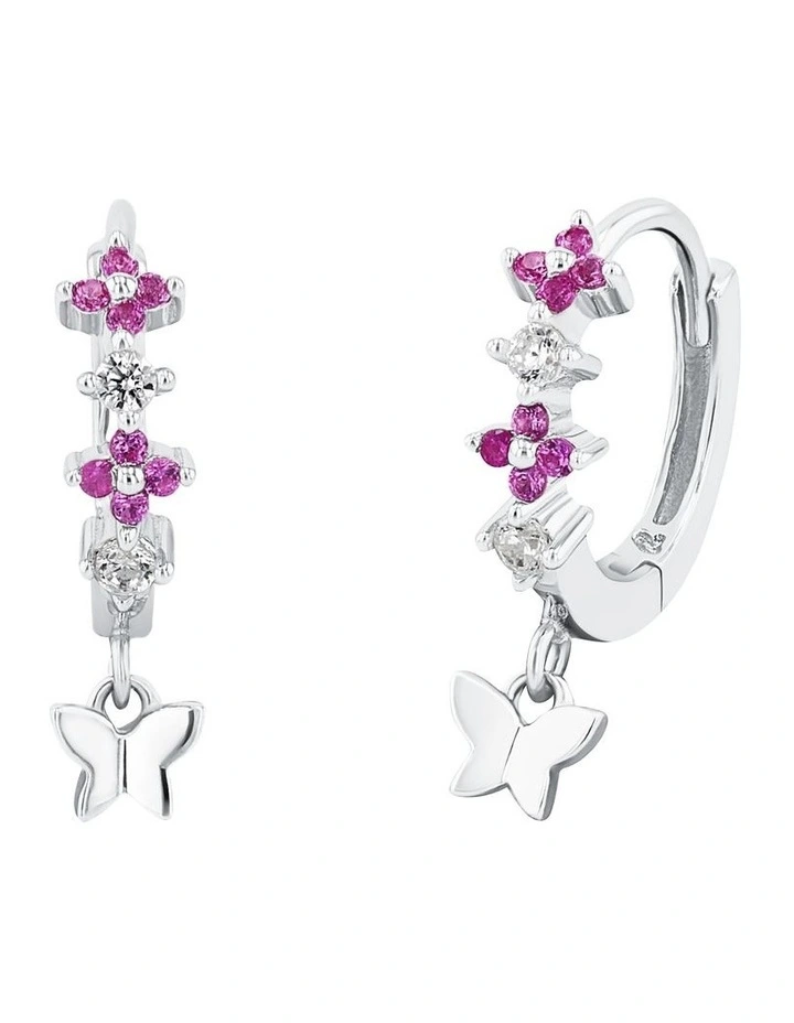 Pink Flower Hoop Earrings with Butterfly Drop in Silver925 image 2