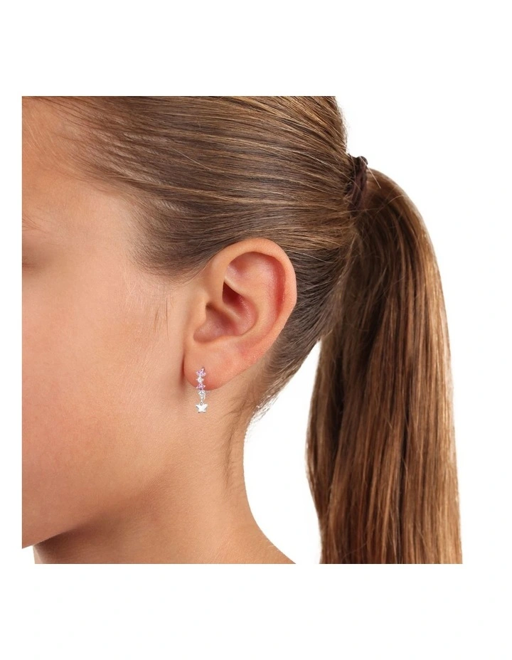 Pink Flower Hoop Earrings with Butterfly Drop in Silver925 image 3