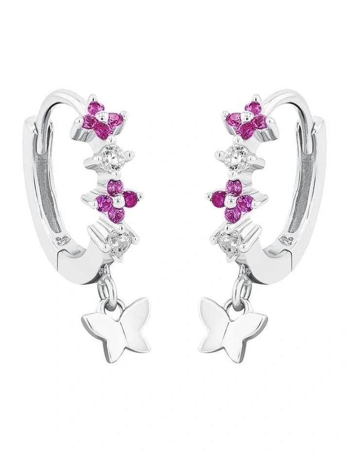 Pink Flower Hoop Earrings with Butterfly Drop in Silver925 image 4