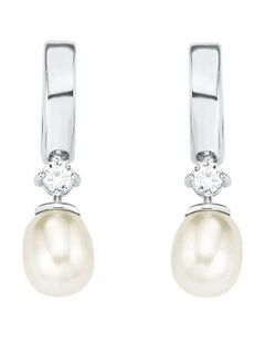 Pearl Cubic Zirconia Drop Huggie Earrings In Silver
