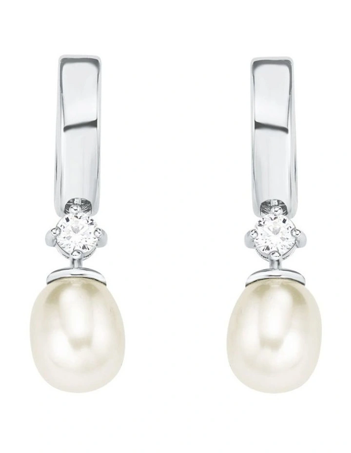 Pearl Cubic Zirconia Drop Huggie Earrings In Silver image 1