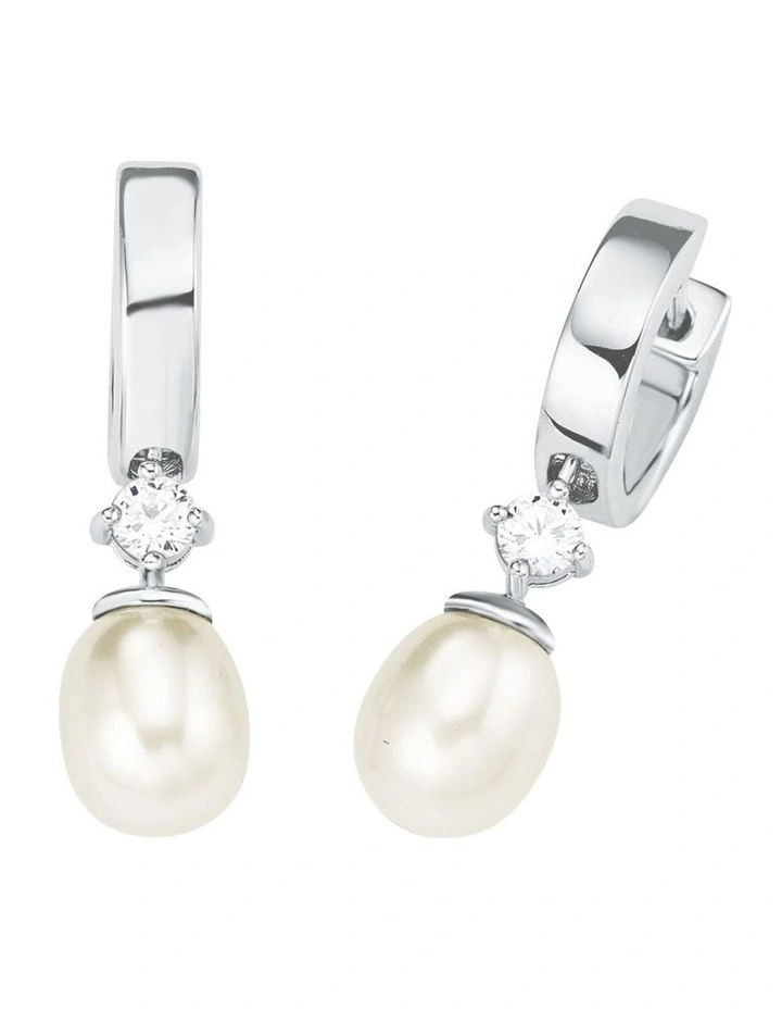 Pearl Cubic Zirconia Drop Huggie Earrings In Silver image 2