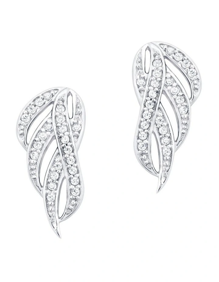 Cubic Zirconia Feather Studs Earrings In Silver image 1