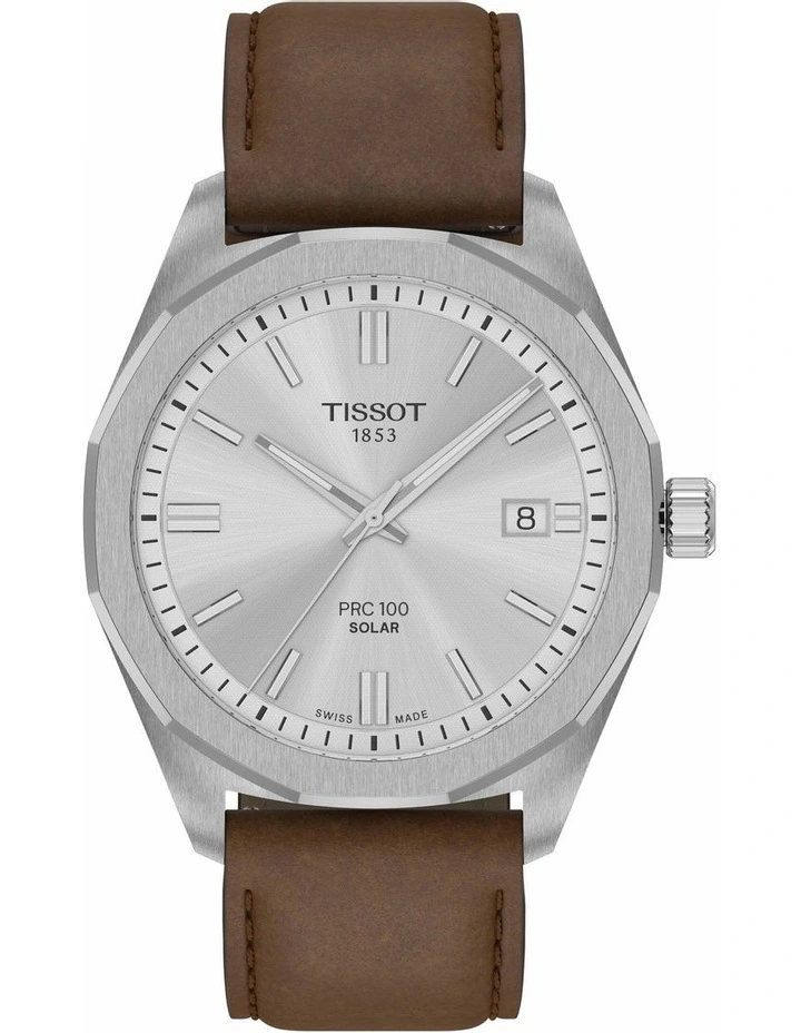 PRC 100 Solar Quartz 39mm T1514221603100 Watch in Silver/Brown Leather image 1
