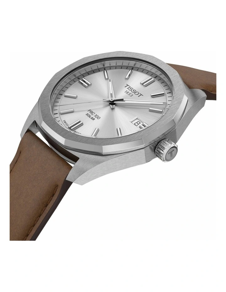 PRC 100 Solar Quartz 39mm T1514221603100 Watch in Silver/Brown Leather image 2