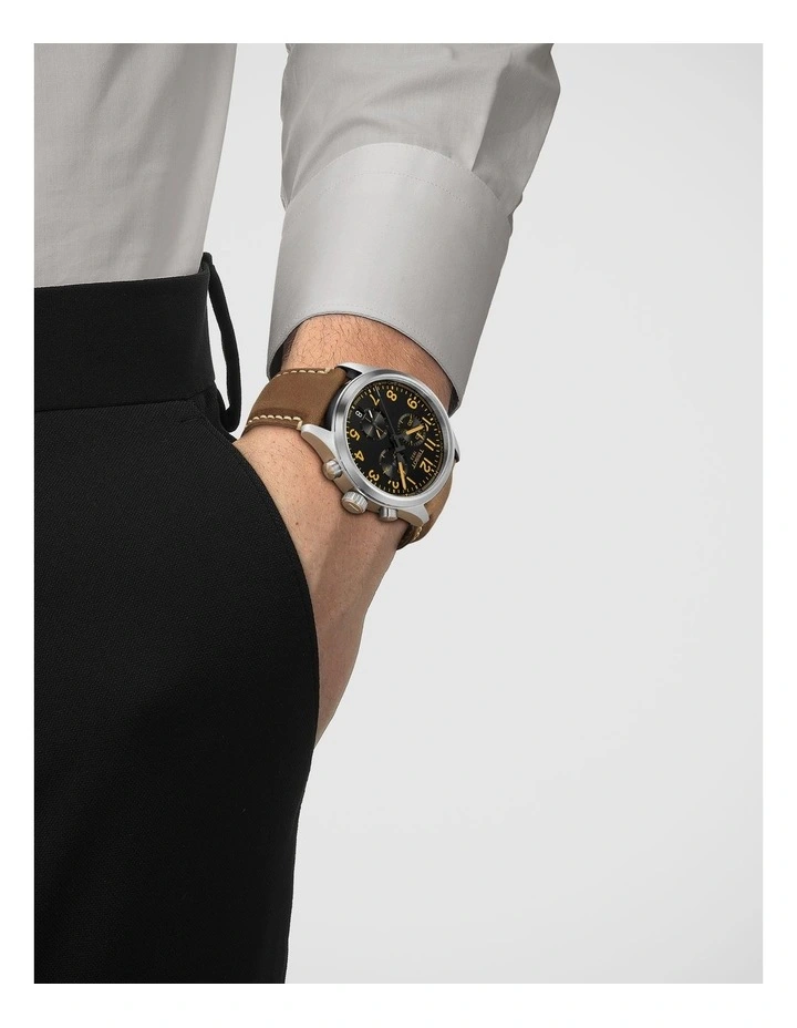 Chrono L 42mm Watch T1164171605201 in Black/Beige Leather image 2