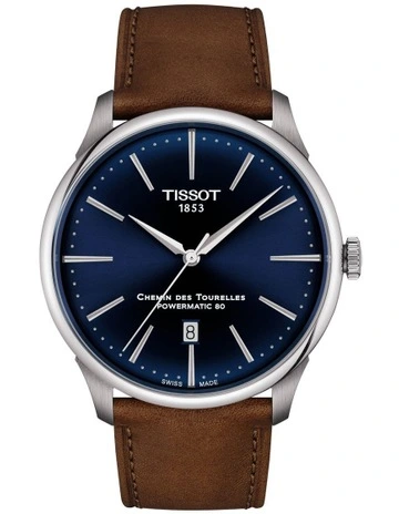 Chemin des Tourelles Powermatic 80 42mm T1394071604100 Watch in Blue/Brown Leather