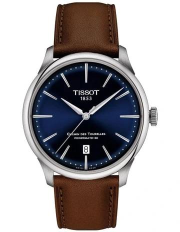 Chemin des Tourelles Powermatic 80 39mm T1398071604100 Watch in Blue/Brown Leather