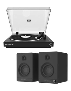 Automatic Turntable   Victrola Tempo Bookshelf Speakers Bundle - Black