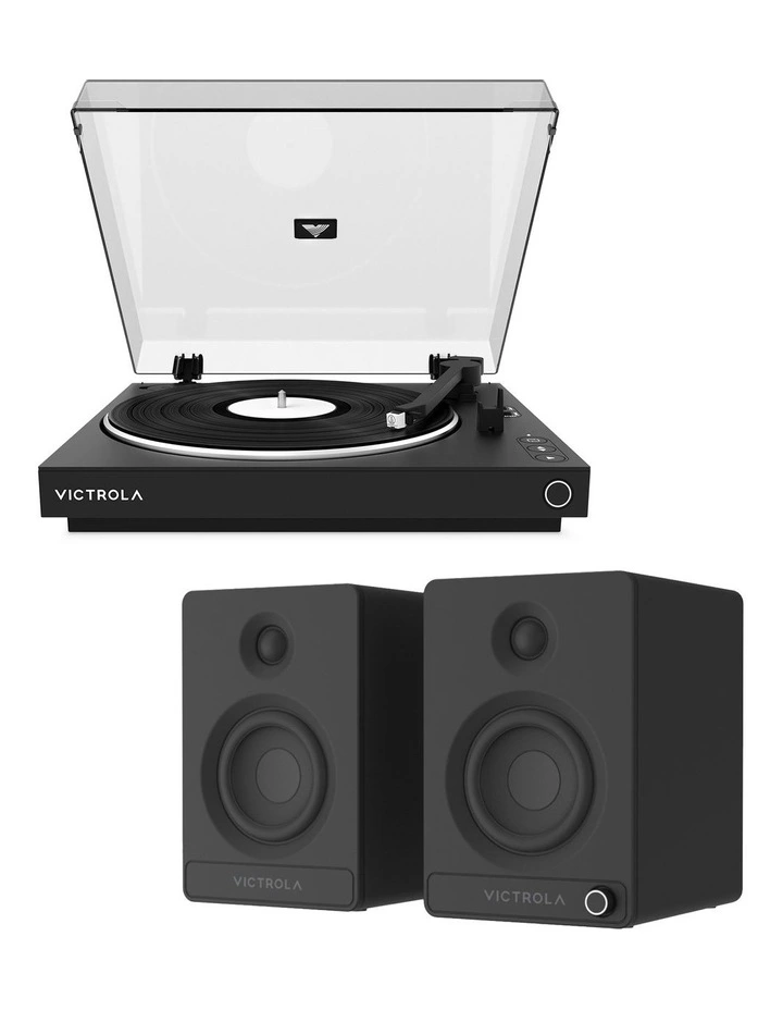 Automatic Turntable   Victrola Tempo Bookshelf Speakers Bundle - Black image 1