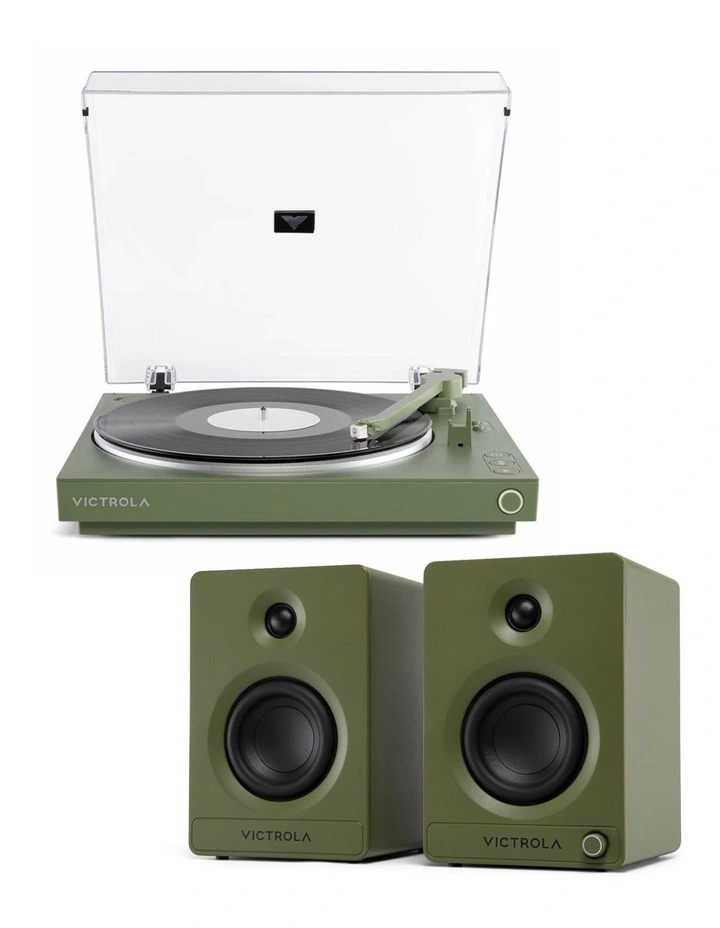 Automatic Turntable Victrola Tempo Bookshelf Speakers Bundle - Green image 1