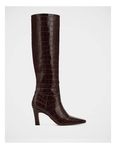 Louella Croc Embossed Leather Knee High Boot in Raisin