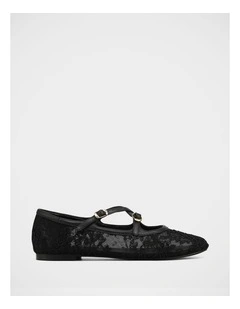 Dotty Mesh Lace Textile Ballet Flats in Black