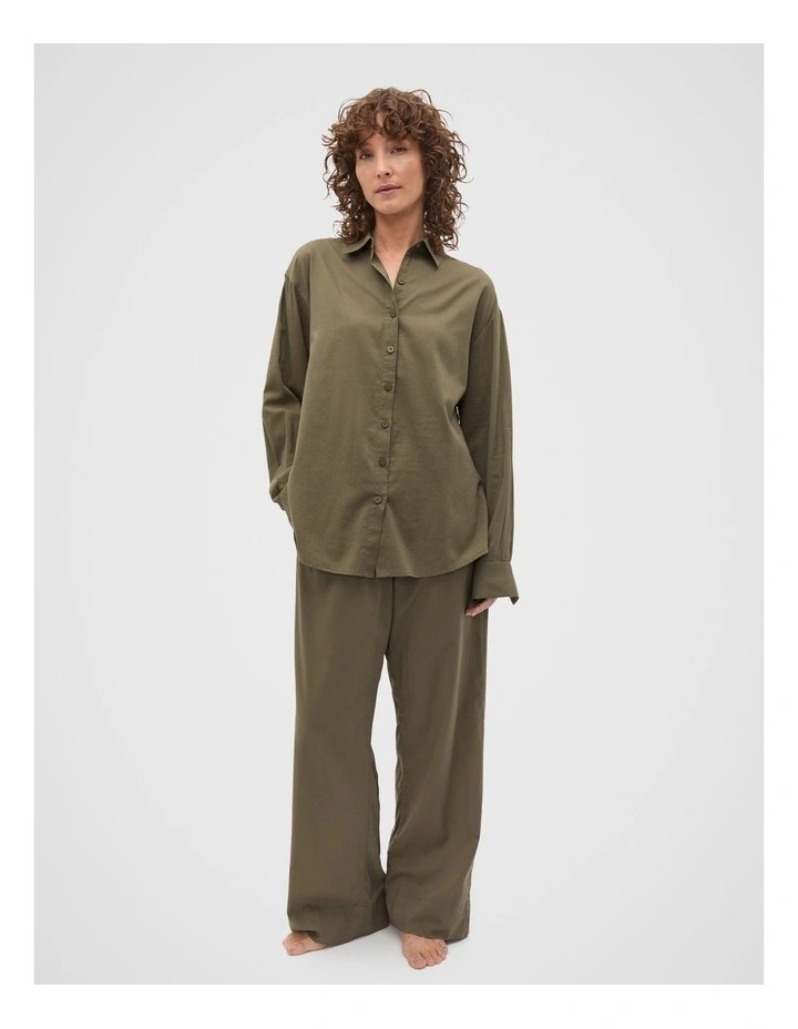 Oversized Voile Long Sleeve and Pant PJ Set in Olive Leaf image 1