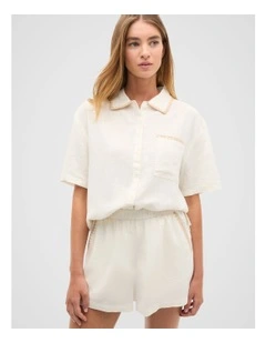 Embroidered Shirt And Short Pyjama Set in Cloud Cream