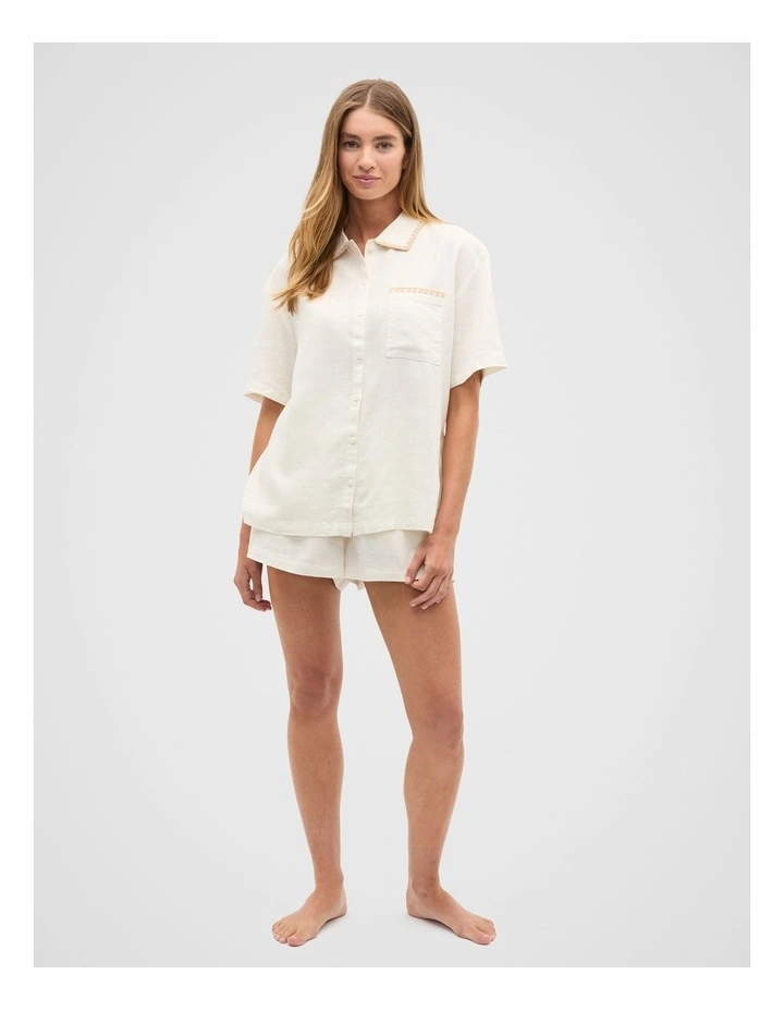 Embroidered Shirt And Short Pyjama Set in Cloud Cream image 3