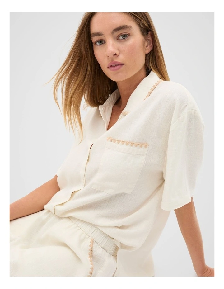 Embroidered Shirt And Short Pyjama Set in Cloud Cream image 4